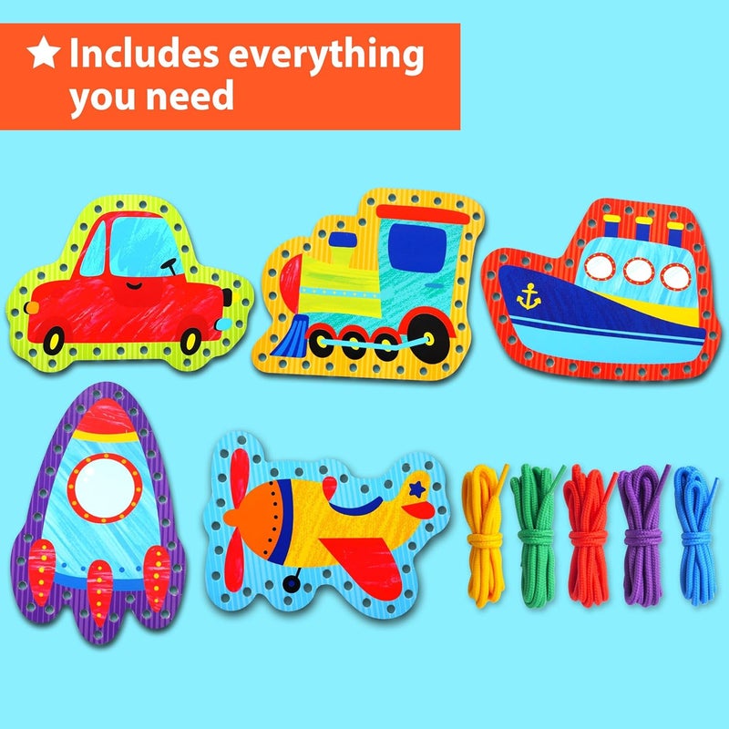 KRAFUN Preschool Beginner First Lacing Card Kit for Kids Training Arts & Crafts, 5 Easy Transport and Cars Lacing Projects, Craft Paper Cards for Toddlers, Fine Motor Skills Toys - Image 2